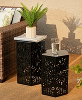 Glitzhome Multi-Functional Set of 2 Black Iron Cutout Floral Garden Stools or Planter Stand