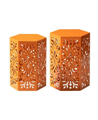 Glitzhome Multi-Functional Set of 2 Orange Cutout Floral Hexagonal Garden Stools or Planter Stand