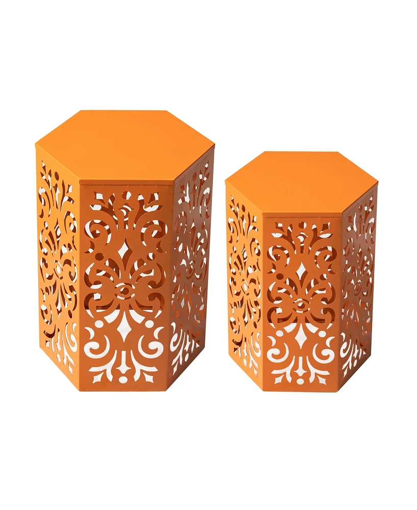 Glitzhome Multi-Functional Set of 2 Orange Cutout Floral Hexagonal Garden Stools or Planter Stand