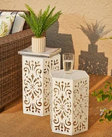 Glitzhome Multi-Functional Set of 2 White Floral Pattern Hexagonal Garden Stools or Planter Stand