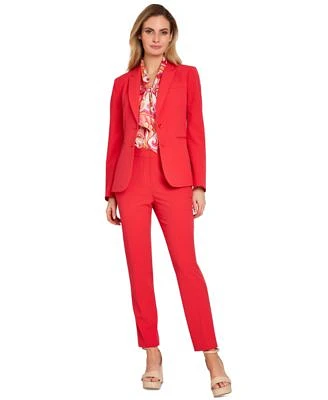 Tahari Asl Womens Two Button Rolled Sleeve Jacket Sleeveless Printed Bow Neck Blouse Classic Straight Leg Pants