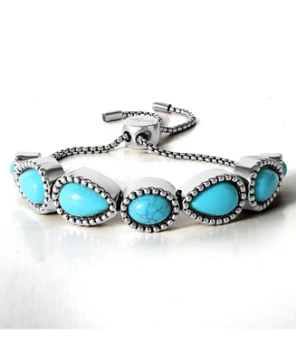 Jessica Simpson Womens Turquoise Stone Slider Bracelet - Oxidized Gold-Tone or Silver-Tone Lariat Bracelet with Turquoise Accents