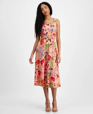 Anne Klein Women's Linen-Blend Floral-Print Midi Dress