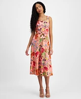 Anne Klein Women's Linen-Blend Floral-Print Midi Dress