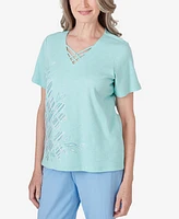 Alfred Dunner Women's Hyannisport Short Sleeve Embroidered Flower T-shirt