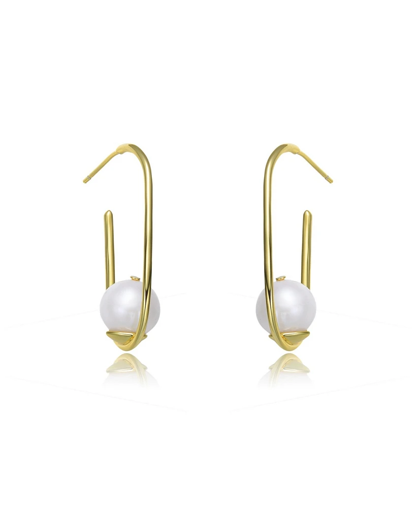 Genevive Stylish Sterling Silver 14K Gold Plating and Genuine Freshwater Pearl Square Hoop Earrings