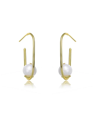Genevive Stylish Sterling Silver 14K Gold Plating and Genuine Freshwater Pearl Square Hoop Earrings