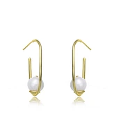 Genevive Stylish Sterling Silver 14K Gold Plating and Genuine Freshwater Pearl Square Hoop Earrings