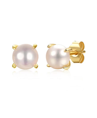Genevive 14k Gold Plated with Round White Genuine Pearl Solitaire Stud Earrings Sterling Silver