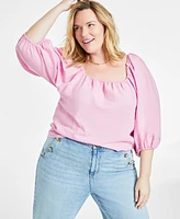 On 34th Trendy Plus Size Linen-Blend Volume-Sleeve Top, Created for Macy's