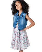 Rare Editions Big Girls Denim Vest Dress Outfit with Necklace, 3 Pc