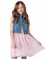 Rare Editions Big Girls Denim Vest and Embroidered Dress Outfit, 2 Pc