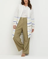 Ella Rafaella Plus Cotton-Linen Blend Striped Cardigan Sweater