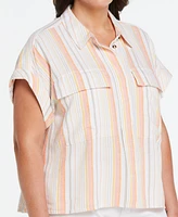 Ella Rafaella Plus Size Linen Blend Flap Pocket Popover Shirt