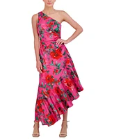 Eliza J Petite Floral Satin Asymmetric-Hem Midi Dress