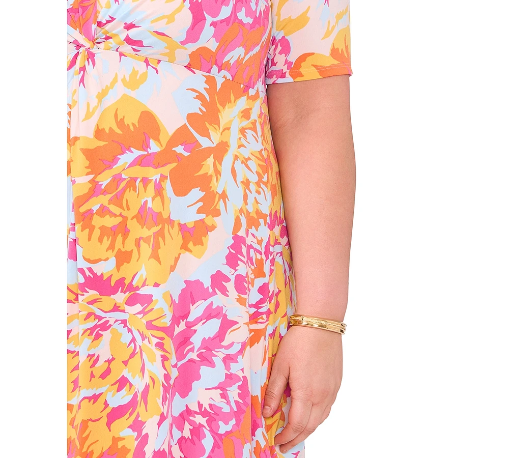 Msk Plus Floral-Print Twist-Front Midi Dress