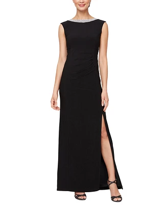 Alex Evenings Women's Embellished-Neck Side-Slit Gown