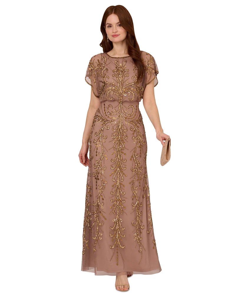 Adrianna Papell Women's Beaded Blouson-Sleeve Gown