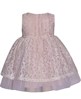 Bonnie Baby Girls Lace Overlay Dress with Illusion Neckline and Ribbon Waistline
