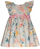 Bonnie Baby Girls Floral Dress with Pinafore Ruffles and Ribbon Trim