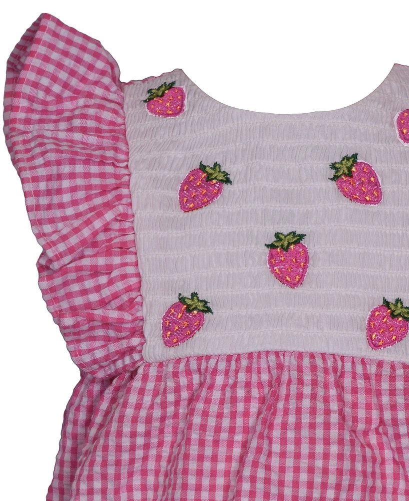 Bonnie Baby Girls Sleeveless Seersucker Check Bubble with Strawberry Applique