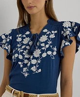 Lauren Ralph Women's Embroidered Flutter-Sleeve Top
