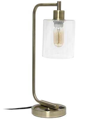 Lalia Home Modern Iron Desk Lamp with Usb Port and Glass Shade, Antique Brass