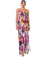 Betsy & Adam Petite Floral Ruffle-Front Long Dress