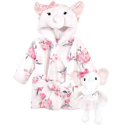 Hudson Baby Baby Girls Plush Bathrobe and Toy Set, White Elephant, One