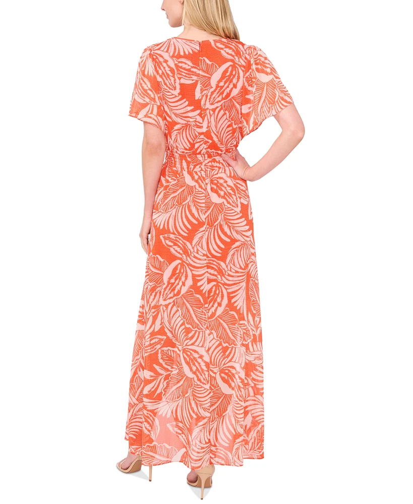 CeCe Women's Tropical-Print Smocked-Waist Flutter-Sleeve Maxi Dress