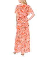 CeCe Women's Tropical-Print Smocked-Waist Flutter-Sleeve Maxi Dress