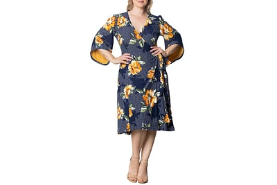 Kiyonna Plus Gemini Wrap Dress with Contrast Lined Sleeves