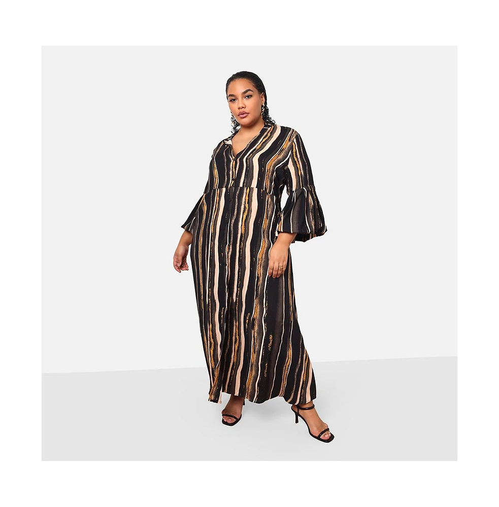 Rebdolls Plus Size Imelda Stripe Print Puff Sleeve Over d Maxi Dress