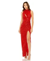 Mac Duggal Women's Sleeveless High Neck Gathered Waist Sequin Gown