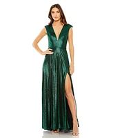 Mac Duggal Women's Cap Sleeve Deep V Neck High Slit Metallic Gown