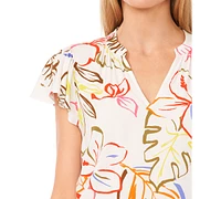 CeCe Women's Tropical-Print V-Neck Flutter Short-Sleeve Blouse