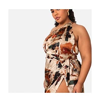 Rebdolls Plus Size Kiera Satin Abstract Print One Shoulder Maxi Shift Dress