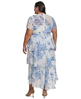 Calvin Klein Plus Size Printed Tie-Waist Tiered Chiffon Dress