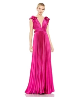 Mac Duggal Women's Ieena Pleated Ruffled Cap Sleeve Cut Out Lace Up Gown