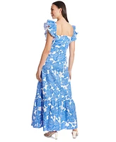 London Times Petite Cotton Floral Ruffle-Sleeve Maxi Dress