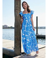 London Times Petite Cotton Floral Ruffle-Sleeve Maxi Dress