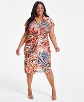 Nina Parker Trendy Plus Tie-Front Ruched Shirtdress