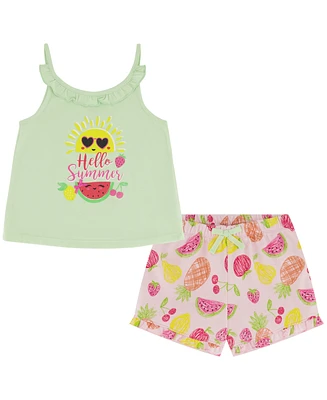 Kids Headquarters Little Girls Hello Summer Tank & Ruffle-Trim Printed Terry Shorts, 2 piece set
