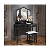 Slickblue Tri Folding Mirror Vanity Table Stool Set with 4 Drawers and Cushioned