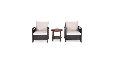 Slickblue 3 Pieces Patio Rattan Furniture Set with Washable Cushion and Acacia Wood Tabletop
