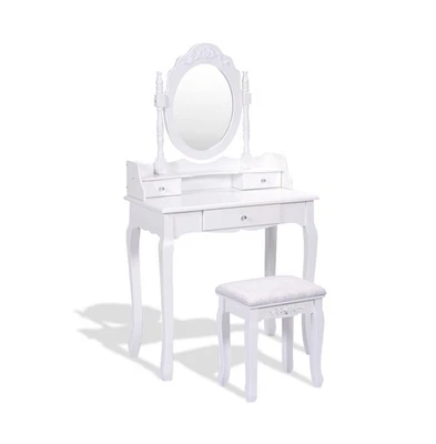 Slickblue Vanity Table Set with Cushioned Stool with 360A° Rotating Oval Mirror and Three Drawers-White