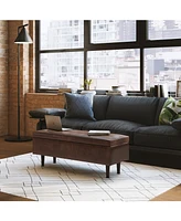 Simpli Home Shay Mid Century Rectangular Storage Ottoman in Distressed Chestnut Brown Pu Leather