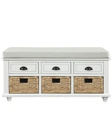 Rustic Storage Bench With 3 Drawers And 3 Rattan Baskets, Shoe Bench For Living Room