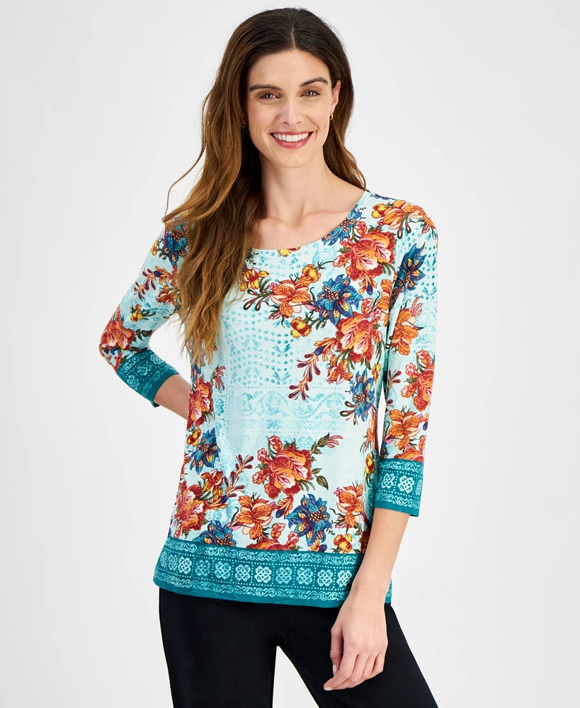 Jm Collection Women's 3/4 Sleeve Jacquard Printed Top, Created for Macy's