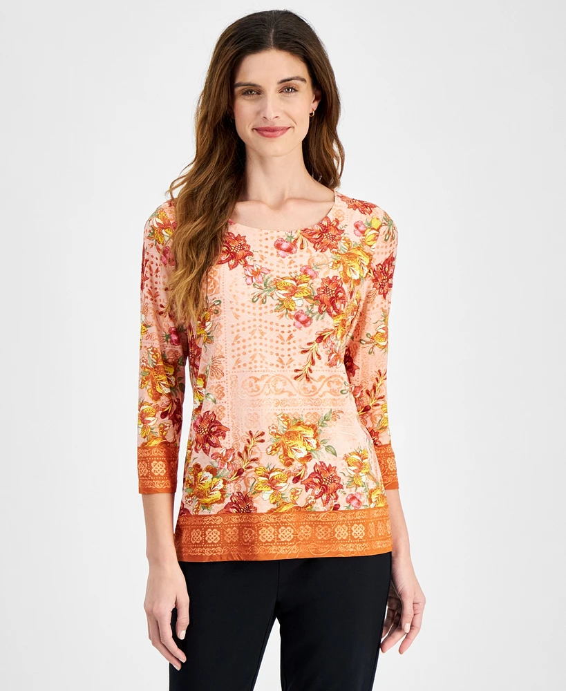 Jm Collection Women's 3/4 Sleeve Jacquard Printed Top, Created for Macy's